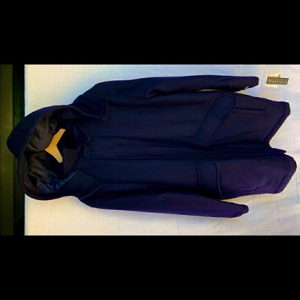 NWT Vintage Perry Ellis Mens Removable Hooded Navy Wool Coat/Parka Sz Sm. NOS EC